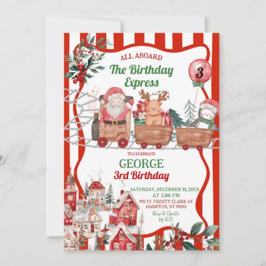 Fun Retro Christmas Express Birthday 招待状 (正面)
