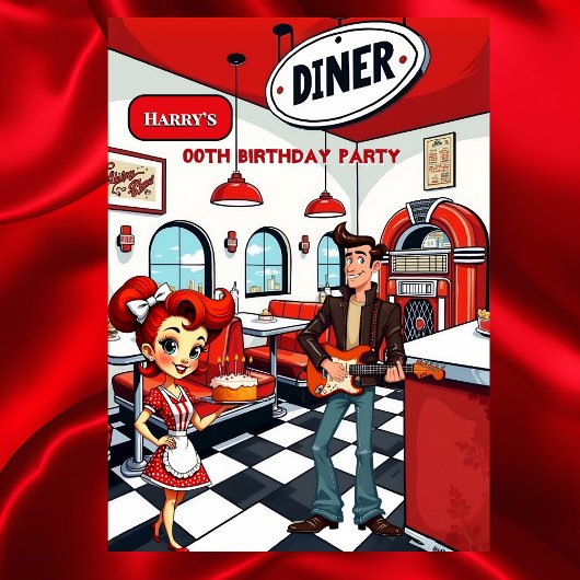 Fun Retro Diner Birthday Party Red White Rocker 招待状