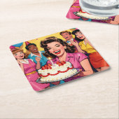 Fun Retro Pop Art Comic Mid-Century Birthday スクエアペーパーコースター (アングル)