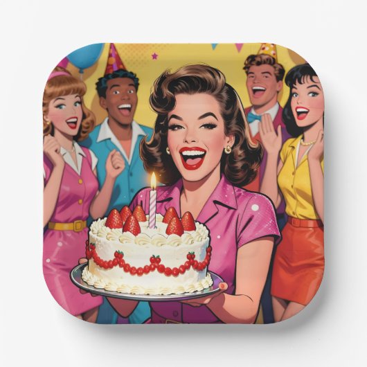 Fun Retro Pop Art Comic Mid-Century Birthday ペーパープレート (正面)
