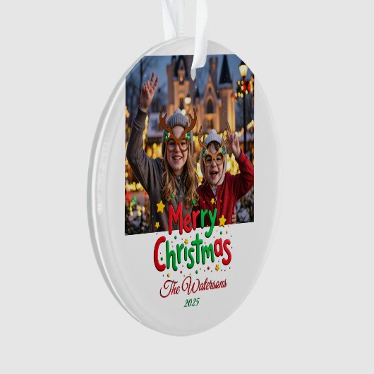Fun Retro Script Merry Christmas Letterpress Photo オーナメント (正面)