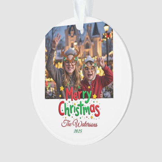 Fun Retro Script Merry Christmas Letterpress Photo オーナメント (正面)
