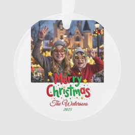 Fun Retro Script Merry Christmas Letterpress Photo オーナメント