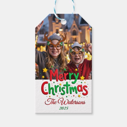 Fun Retro Script Merry Christmas Letterpress Photo ギフトタグ (正面)