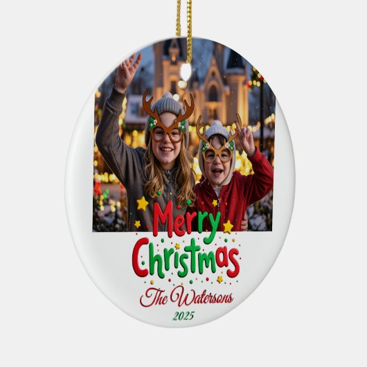 Fun Retro Script Merry Christmas Letterpress Photo セラミックオーナメント (右)