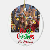 Fun Retro Script Merry Christmas Letterpress Photo セラミックオーナメント (左)