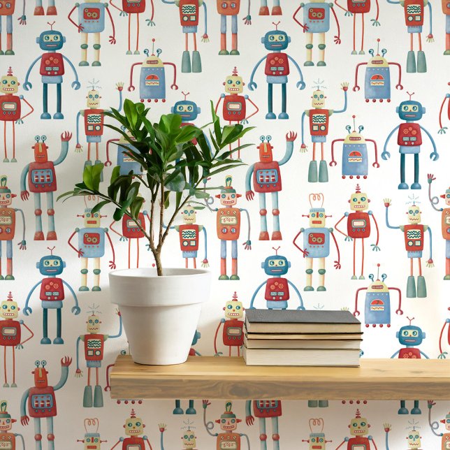 Fun Robot Pattern 壁紙 (Fun robot pattern wallpaper for nursery and kids room decor)