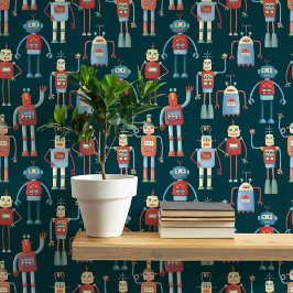 Fun Robot Pattern Teal Green 壁紙