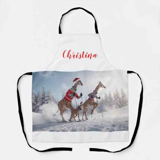 Fun Skiing Giraffe Family Christmas Personalized   エプロン (正面)