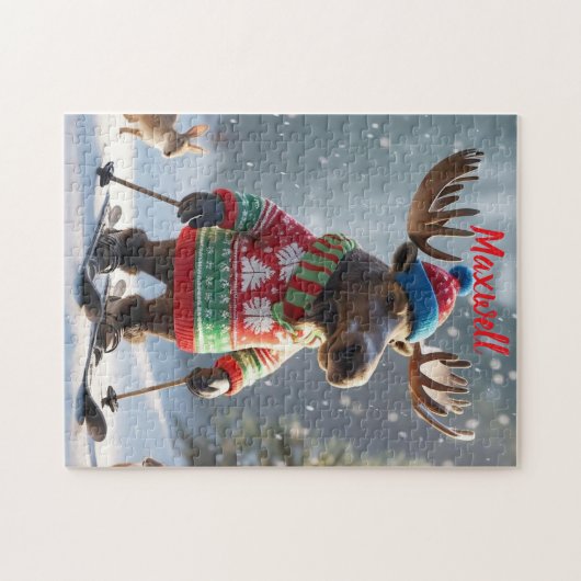 Fun Skiing Moose Christmas Personalized Puzzle  ジグソーパズル (横)