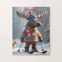 Fun Skiing Moose Christmas Personalized Puzzle ジグソーパズル