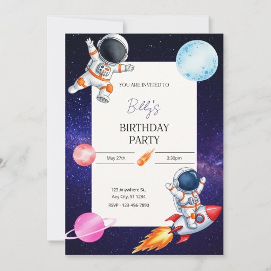 Fun Spaceman & Rocket Child's birthday invitation 招待状 (正面)
