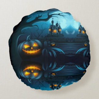 Fun Spooky Decor with Pumpkins,Ghosts & Witch Hats ラウンドクッション