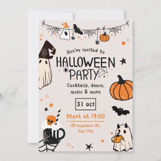 Fun Spooky Orange and Black Halloween Party 招待状 (正面)