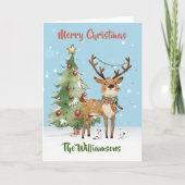 Fun Stylish Watercolor Reindeer Tree  カード (正面)