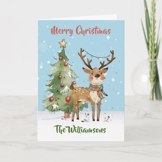 Fun Stylish Watercolor Reindeer Tree  カード (正面)