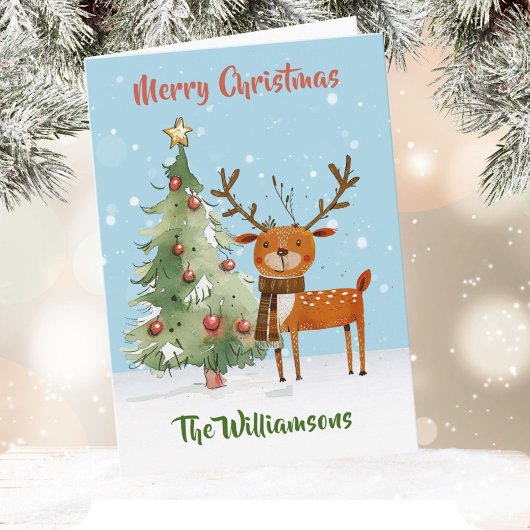 Fun Stylish Watercolor Reindeer Tree  カード