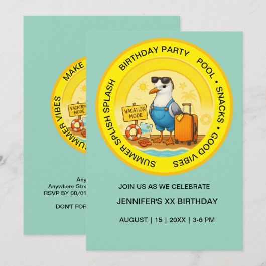 fun sunny destination seagull beach birthday 招待状 (正面/裏面)