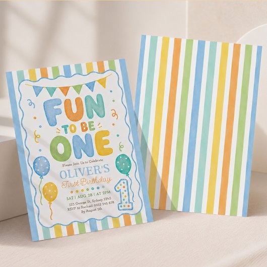 Fun to Be One: ストライプの男の子1歳の誕生日 招待状