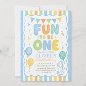 Fun to Be One: ストライプの男の子1歳の誕生日 招待状 (正面)