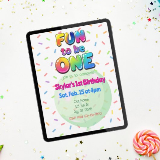 Fun to Be One, Colorful Balloon 1st Birthday 招待状