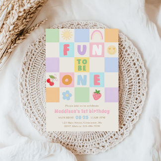 Fun to be One Colorful Gingham 1st Birthday 招待状