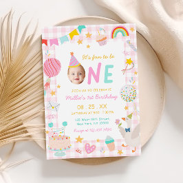 Fun to be One Colorful Photo Girl 1st Birthday 招待状