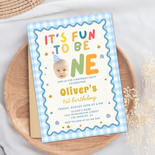 Fun To Be One Photo Blue Gingham 1st Birthday 招待状