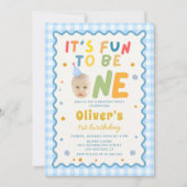 Fun To Be One Photo Blue Gingham 1st Birthday 招待状 (正面)