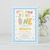 Fun To Be One Photo Blue Gingham 1st Birthday 招待状 (スタンド正面)