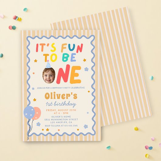 Fun To Be One Photo Colorful 1st Birthday 招待状
