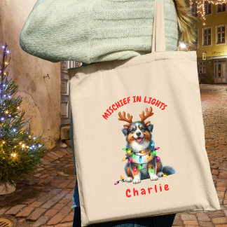 Fun Watercolor Australian Shepherd Holiday Lights トートバッグ