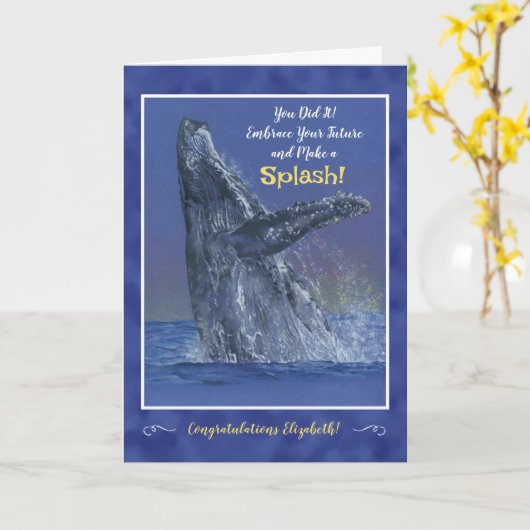 Fun Whale Personalized Graduation Greeting Card カード (黄色い花)