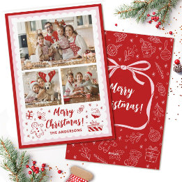 Fun Whimsical Christmas Holiday 3 Family Photo シーズンカード
