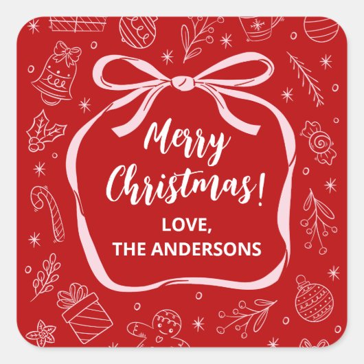 Fun Whimsical Hand Drawn Bow Christmas スクエアシール (正面)