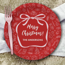 Fun Whimsical Hand Drawn Bow Christmas ペーパープレート