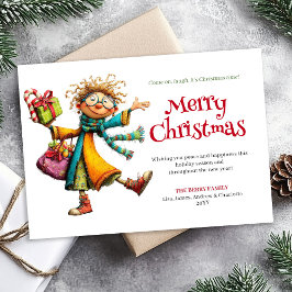 Fun Whimsical Woman Personalized Christmas Card シーズンカード