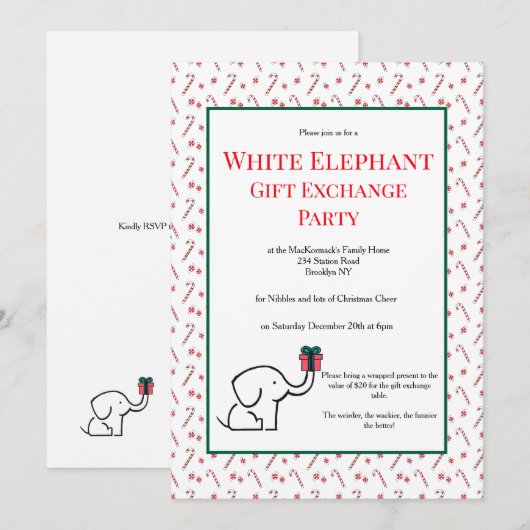 Fun White Elephant Gift Exchange Cute Party 招待状 (正面/裏面)