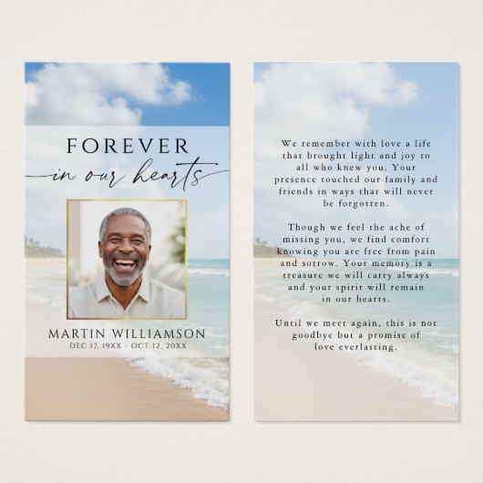 Funeral Beach Photo Forever Hearts Prayer Card (正面&裏面)