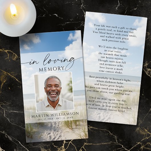 Funeral Beach Photo In Loving Memory Prayer Card
