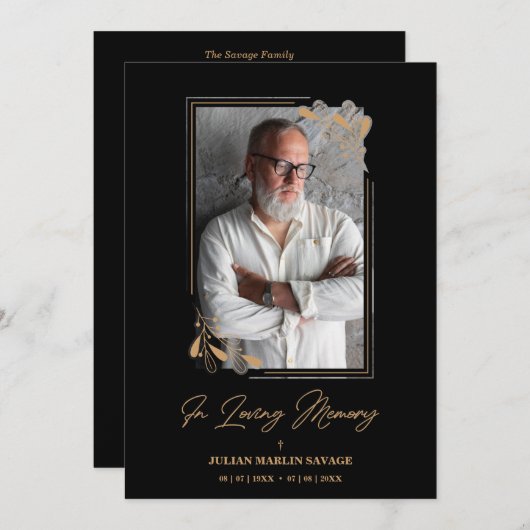 Funeral Black Fake Golden Branches Photo Remember 招待状 (正面/裏面)