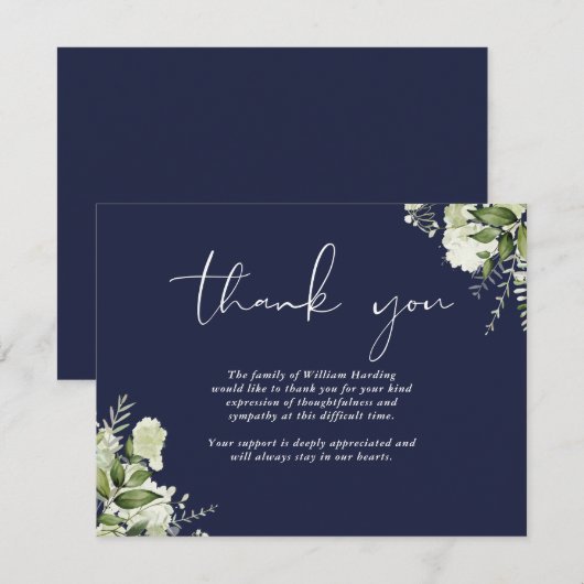 Funeral Celebration Of Life Greenery Navy Blue サンキューカード (正面/裏面)