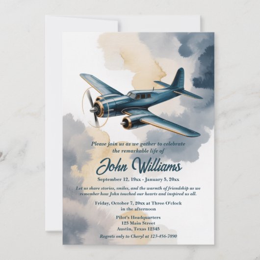 Funeral Celebration of Life Memorial Airplane Blue 招待状 (正面)