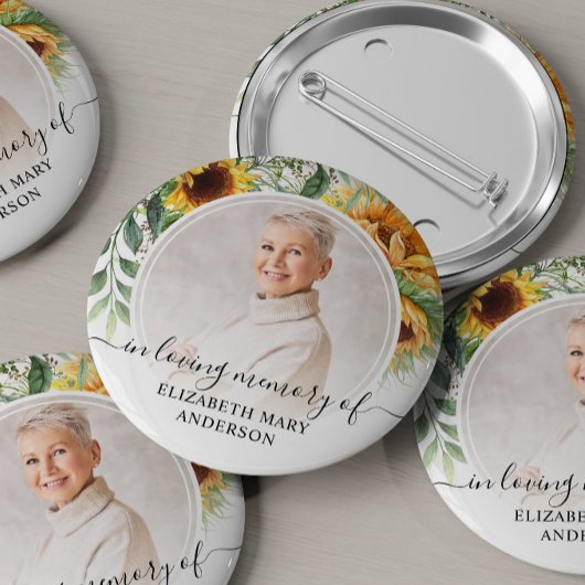 Funeral In Loving Memory Sunflower Floral Photo 缶バッジ