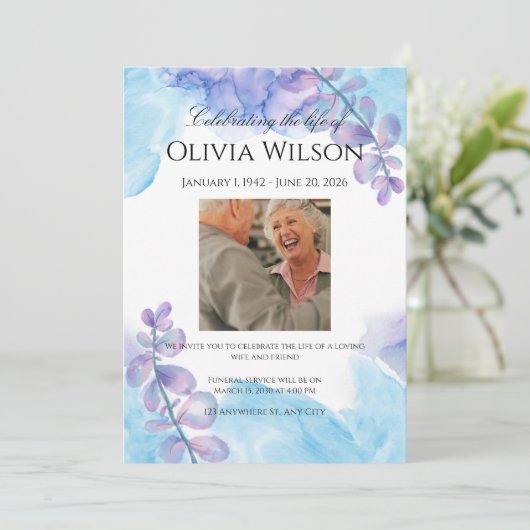 Funeral Invitation Template – Blue & Purple 招待状 (スタンド正面)
