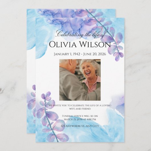 Funeral Invitation Template – Blue & Purple 招待状 (正面/裏面)