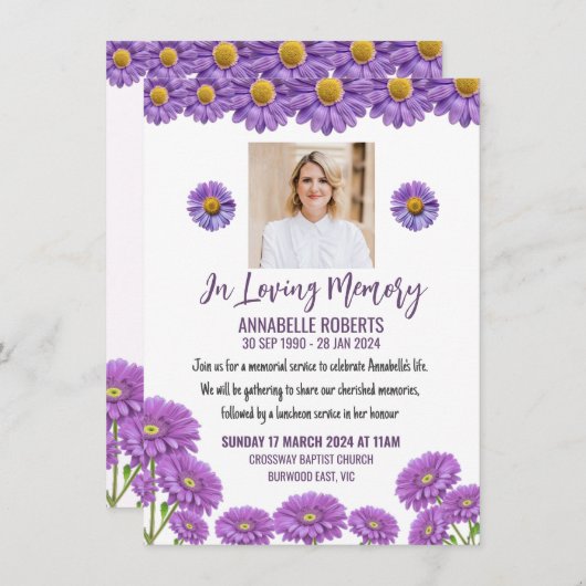 Funeral Invitation with Purple Gerberas 招待状 (正面/裏面)