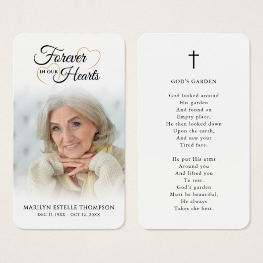 Funeral Photo Forever Hearts Cross Prayer Card (正面&裏面)