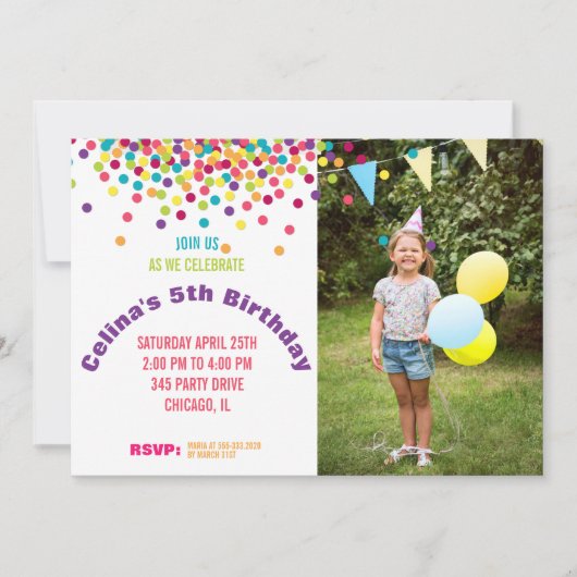 Funfettiの写真の誕生会 招待状 (正面)