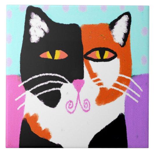 Funky Abstract Art Calico Cat タイル (正面)